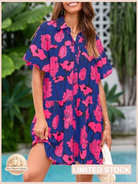 Floral Button Down Shirt Dress Puff Sleeve Loose Fit Mini Casual Boho Summer - Picture 2 of 7